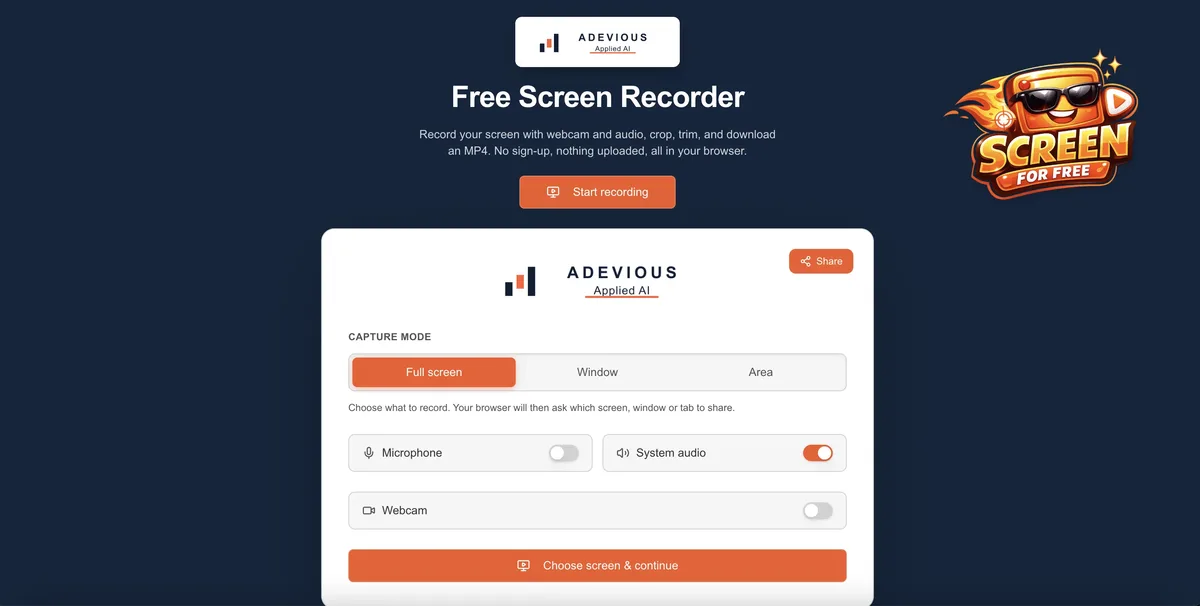 ScreenForFree screen recorder with screen, microphone, system audio and webcam controls